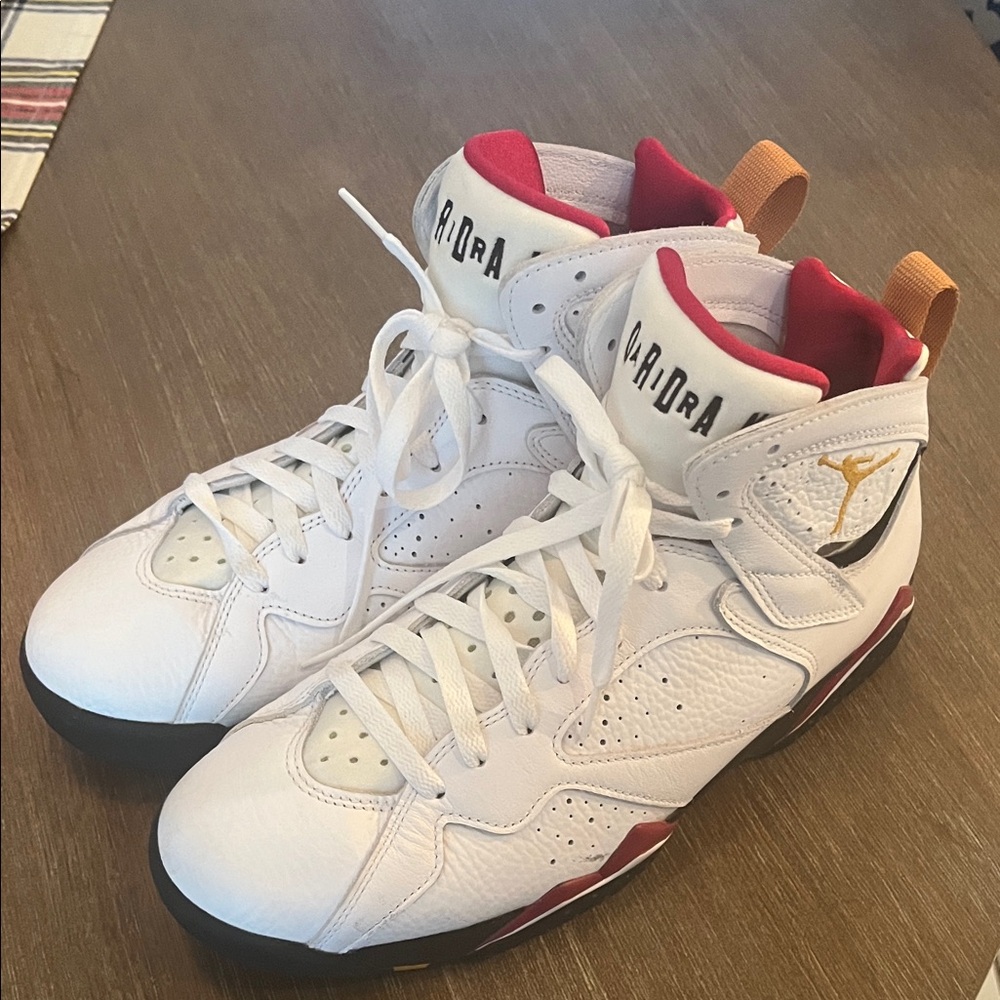 Air Jordan 7 Retro White and Red High-Top Sneakers